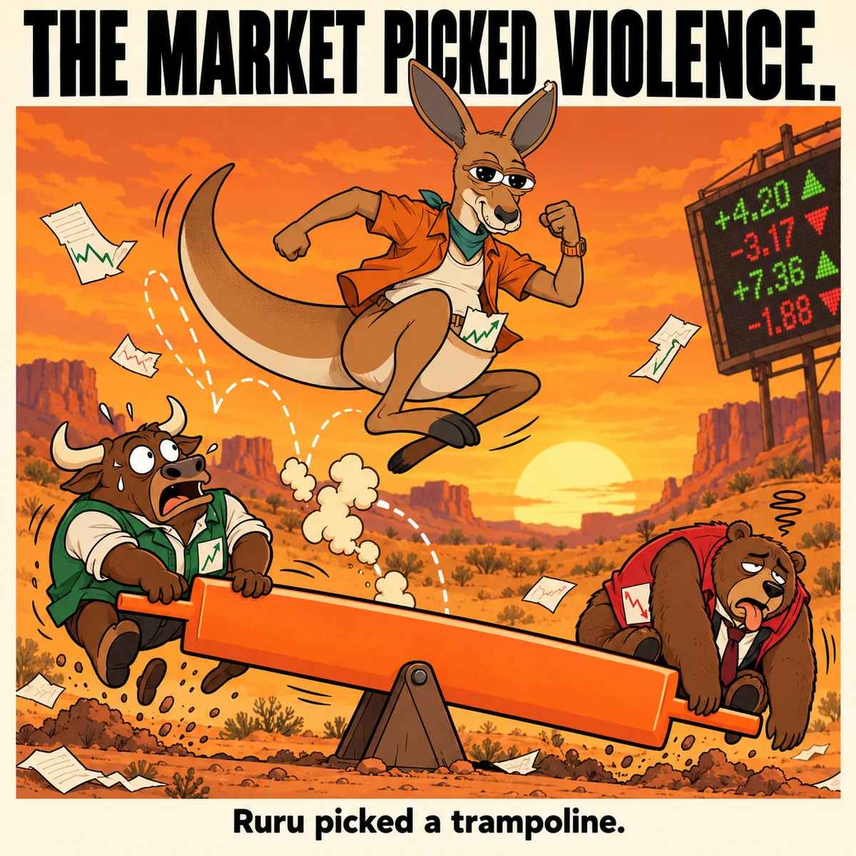 Ruru bouncing above bull and bear on a candlestick trampoline