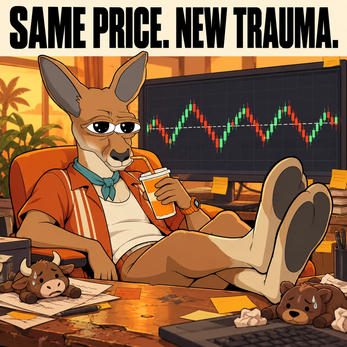 Ruru at a trading desk watching a sideways chart
